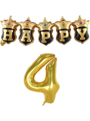 Parti Sürprizi Gold Taçlı Birleşik Happy 4 Yaş Folyo Balon Set