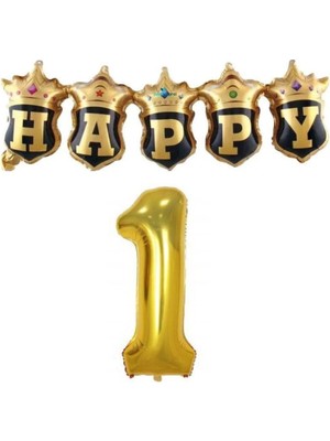 Parti Sürprizi Gold Taçlı Birleşik Happy 1 Yaş Folyo Balon Set