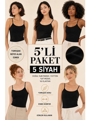 Loule Kadın 5 Adet Modal & Pamuklu Ince Askılı Esnek Basic Body Atlet - 5'li Avantaj Paketi