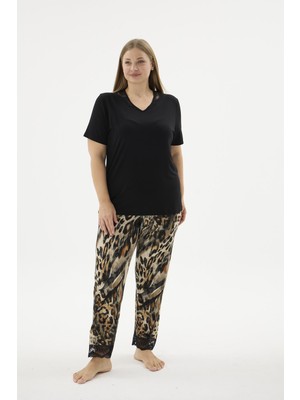 Sevim Kadın Büyük Beden Kısa Kol Siyah Leoparlı Pijama Takımı C2T9N671
