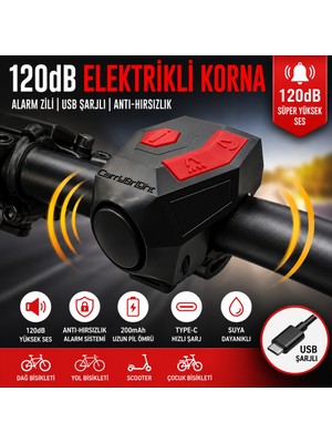 Triline 120 Db USB Şarjlı Bisiklet Kornası Alarm Zili Anti Hırsızlık Elektrikli Korna Scooter
