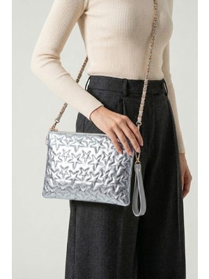 Sedef Çanta GL-003 Yıldız Dikişli Kadın El Çantası Clutch Çanta Omuz Çantası Çapraz Çanta Pörtföy Çanta Gümüş