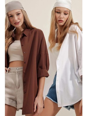 Hiccup Kadınlar Bdart Oversize Poplin 2’li Gömlek Kahverengi