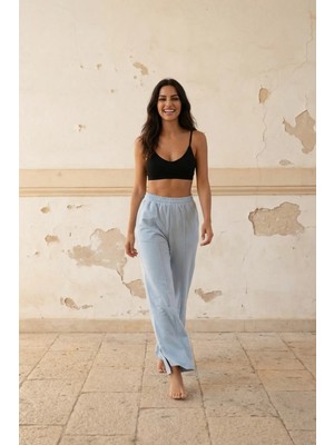 Hiccup Kadınlar My Fashıon Yüksek Bel Geniş Paça Örme Jogger Bebek Mavisi