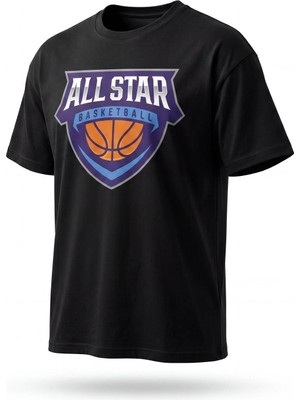 Arda Ege Erkek Siyah Oversize All Star Basketball Baskılı Bisiklet Yaka Tişört