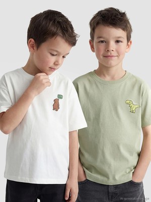 LC Waikiki Yeni Sezon Lcw Kids Beyaz Baskılı Erkek Çocuk Tişört Takım