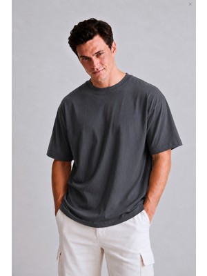 Guaraz Erkek Oversize Bisiklet Yaka %100 Pamuk Düz Basic Yazlık T-Shirt