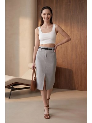 Hiccup Kadınlar MY FASHION Yırtmaçlı Yüksek Bel Midi Kalem Etek Açık Gri