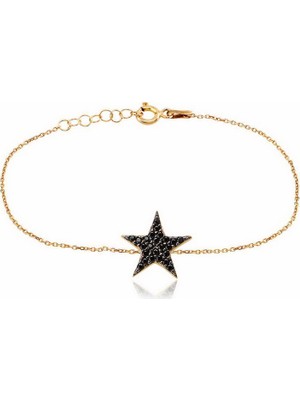 Emiliano Jewellery Emılıano Jewellery Siyah Taşlı Altın Kaplama Yıldız Desenli Gümüş Bileklik