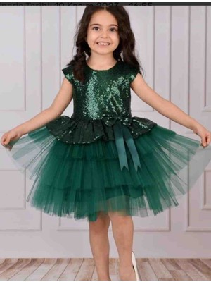 Ayancık Kids Abiye Pullu Payetli Kız Çocuk Yeşil Elbise (4-5-6-7-8-9-12) Yaş