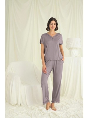 MiraLive Kısa Kollu V Yakalı Dantelli Pijama Takımı
