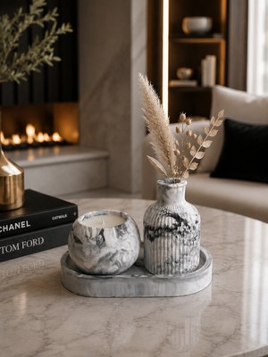 Nox Atelier Mermer Desenli Dekoratif Vazo ve Mumluk Seti – Modern Salon Dekoru, Tepsili 3'lü Tasarım
