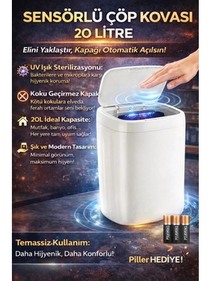 TKÇ Tkcls- Akıllı Sensörlü Uv Işıklı 20 Litre Çöp Kovası - Mutfak, Banyo, Işyeri ve Ofis Kul