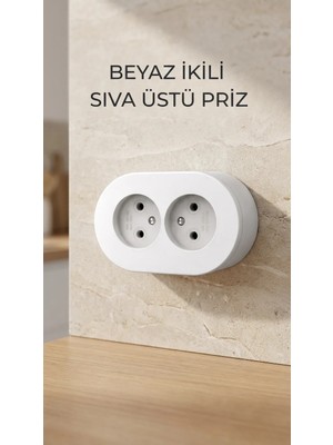 TKÇ Tkcls- Beyaz Ikili Sıva Üstü Dekoratif Topraklı Elektrik Prizi