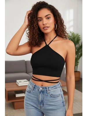 Beruflic Kadın Siyah Modern Fit Sırtı Açık Boyundan Çapraz Bağlamalı Crop Top Bluz