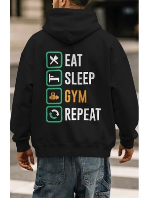 Sevbano Eat Sleep Gym Repeat Fitness Gym Bodybuilding Sporcu Sırt Baskılı Unisex Oversize Penye Hoodie