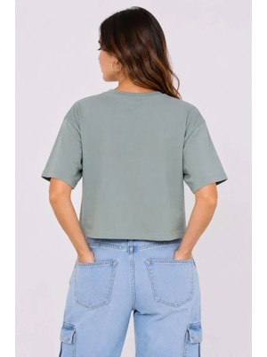 Beruflic Kedi Baskılı Oversize Crop Tişört Salaş Basic Yarım Kol Tshirt