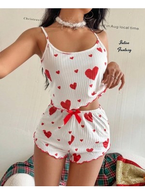 Intive Lingerie Intive Cutie Kırmızı Kalp Desenli Beyaz Rahat Kumaştan Şort Crop Pijama Takımı