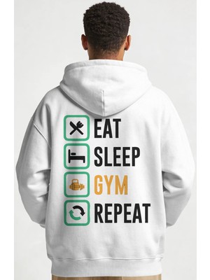 Sevbano Eat Sleep Gym Repeat Fitness Gym Bodybuilding Sporcu Sırt Baskılı Unisex Oversize Penye Hoodie