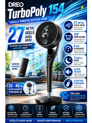 Dreo Turbopoly Fanı 27 M Hava Akışı, 8 Hız Kademesi, 3 Akıllı Mod, Uzaktan Kumanda, Ayarlanabilir Yükseklik, Ultra Sessiz 20 Db, Güçlü Hava Sirkülasyonu ve Enerji Tasarrufu Sağlayan Premium Vantilatör