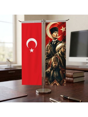 Punto Dizayn Türk Liderleri ve Türk Bayrağı Kırlangıç T tipi Masa Bayrak Takımı