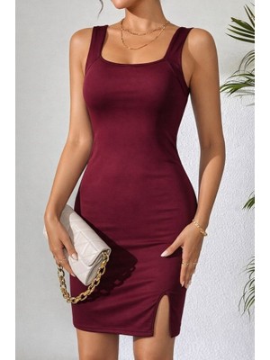 Alyn Wear Kadın Askılı Kare Yakalı Yırtmaçlı Kısa Dalgıç Elbise