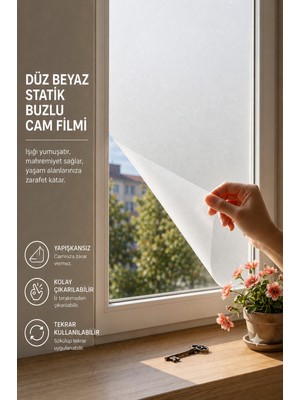 Deconitte Statik Düz Beyaz Buzlu Cam Filmi 60X100 cm Yapışkansız Mahremiyet Sağlayan Dekoratif Cam Kaplama, Kumlama