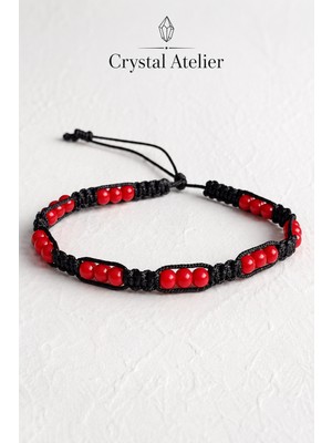 Crystal Atelier Siyah Kırmızı Boncuklu Makrome Ip Bileklik Unisex Ayarlanabilir El Yapımı