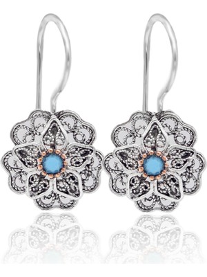 Midyat Nurtaş Gümüş Firuze Taşlı Gül Model Oksitli 925 Ayar Gümüş Telkari Kadın Küpe 201025651