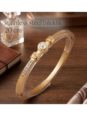 Stainless Steel Gold Renk Büyük Taşlı Çelik Kelepçe Bileklik