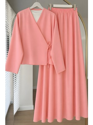 İmaj Butik Pembe Yandan Bağlamalı Dabıl Kimono Etekli Takım