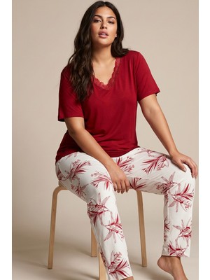 Siyah İnci Bordo Desenli Büyük Beden Battal Boy Viskon Örme Pijama Takım