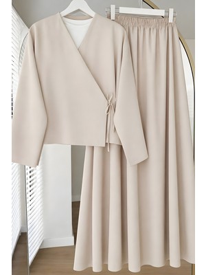 İmaj Butik Bej Yandan Bağlamalı Dabıl Kimono Etekli Takım