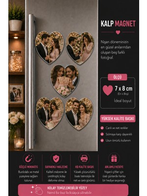 Liya Gift Collection 5'li Kalp Nişan Fotoğraf Magneti Kişiselleştirilebilir Söz ve Nişan Anısı Hediyesi
