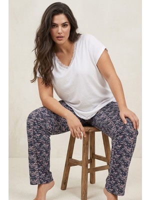 Siyah İnci Ekru Desenli Büyük Beden Battal Boy Viskon Örme Pijama Takım
