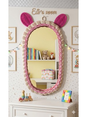 Niobe Home Rattan Bambu Çocuk Odası Pembe Kulaklı Boy Aynası
