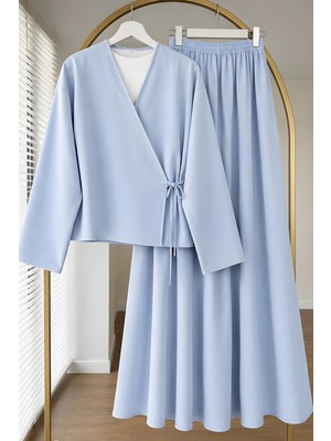 İmaj Butik Mavi Yandan Bağlamalı Dabıl Kimono Etekli Takım