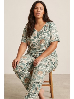Siyah İnci Yeşil Desenli Büyük Beden Battal Boy Viskon Örme Pijama Takım