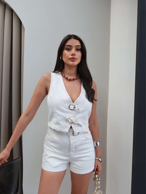Esra Helvacı Denim Çift Kemerli Yelek Şort Takım