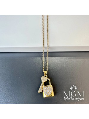 Svoria Store Çelik Zirkon Taşlı Anahtar Kilit Kolye - KL0158