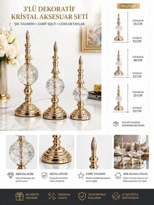 Volix Dizayn 3’lü Gold Kristal Küre Dekoratif Obje Seti 35-30-25 cm Salon Konsol Masa Üstü Aksesuar