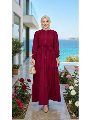 Harma Time Butik Kadın Dantel Detaylı Beli Bağcıklı Ayrobin Bordo Elbise