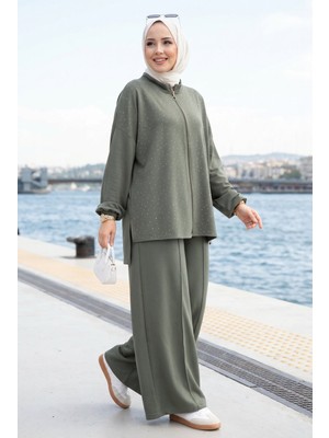 ZNK Taşlı Fermuarlı Tunik Pantolon İkili Takım Haki