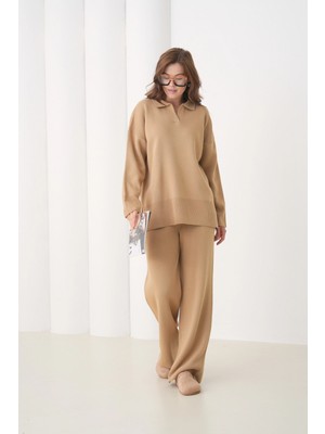 Parkkaron Kadın Polo Yaka Yırtmaçlı Oversize Kazak Palazzo Pantolon Triko Alt-Üst Takım