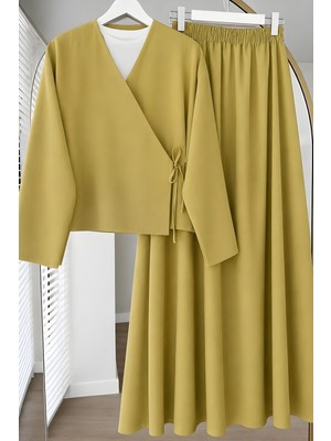İmaj Butik Yeşil Yandan Bağlamalı Dabıl Kimono Etekli Takım
