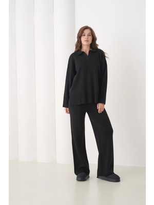 Parkkaron Kadın Polo Yaka Yırtmaçlı Oversize Kazak Palazzo Pantolon Triko Alt-Üst Takım
