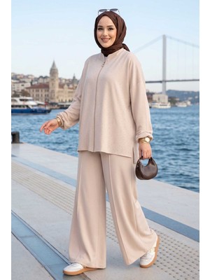 ZNK Taşlı Fermuarlı Tunik Pantolon İkili Takım Bej