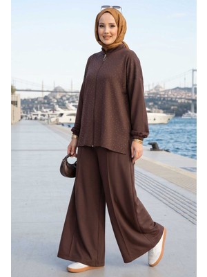 ZNK Taşlı Fermuarlı Tunik Pantolon İkili Takım Kahve