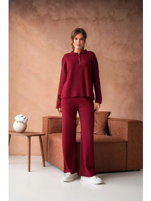 Parkkaron Kadın Bordo Polo Yaka Oversize Kazak Pantolon Triko Alt-Üst Takım