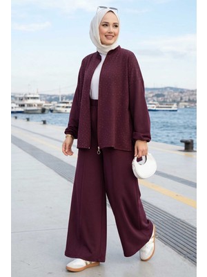 ZNK Taşlı Fermuarlı Tunik Pantolon İkili Takım Mürdüm